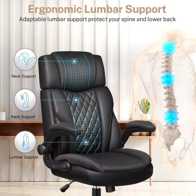 Fauteuil de bureau de direction en cuir, Fauteuil de bureau ergonomique haut dossier avec soutien lombaire et accoudoirs rembourrés