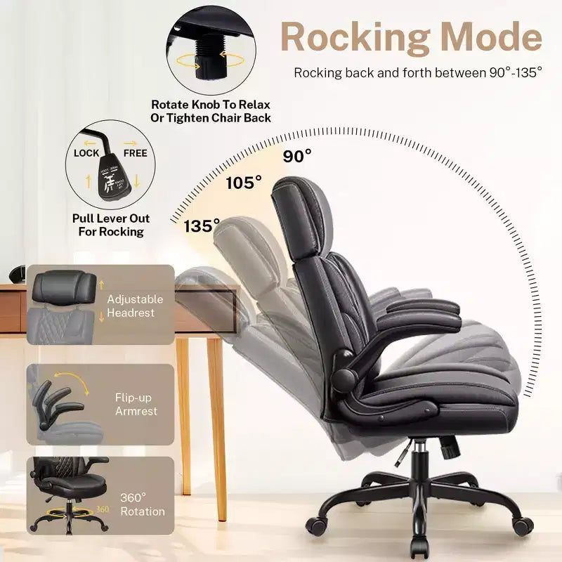 Fauteuil de bureau de direction en cuir, Fauteuil de bureau ergonomique haut dossier avec soutien lombaire et accoudoirs rembourrés