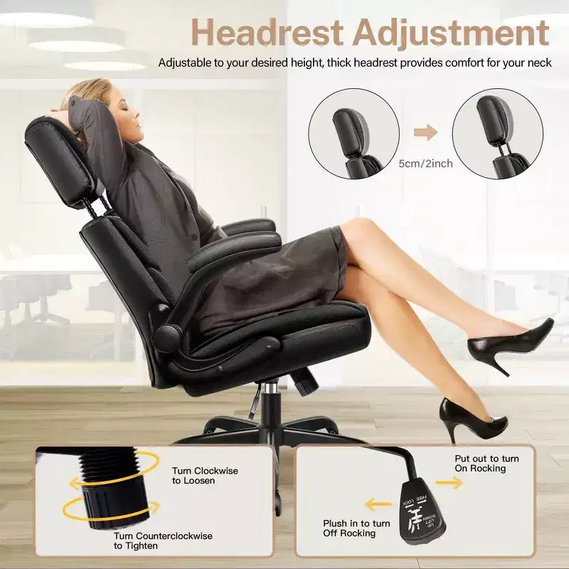 Fauteuil de bureau de direction en cuir, Fauteuil de bureau ergonomique haut dossier avec soutien lombaire et accoudoirs rembourrés