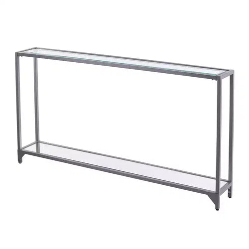 HomeRoots 56 Clear and Silver Glass Mirrored Floor Shelf Console Table With Storage