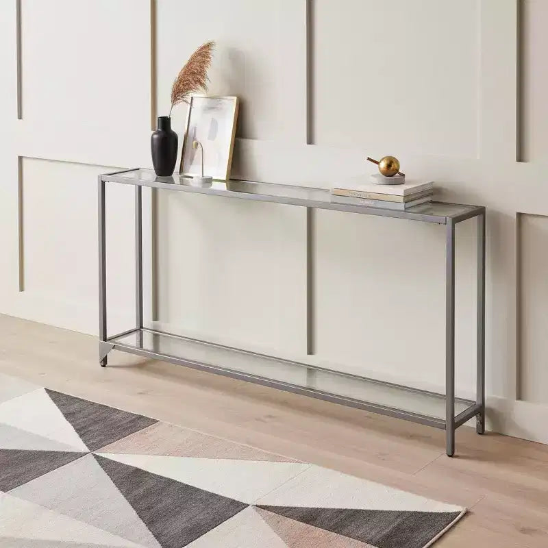 Console de rangement avec étagères, miroir en verre transparent et argenté, 56 cm