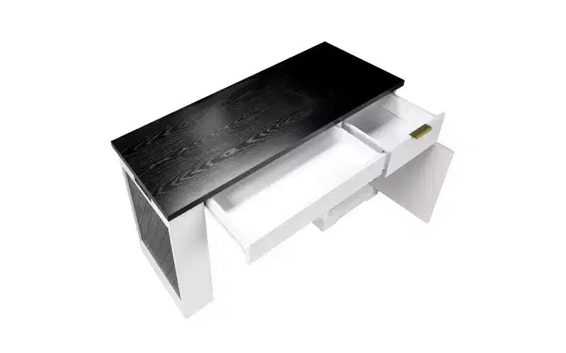 Bureau d'ordinateur moderne de 55 pouces avec meuble de rangement et tiroirs, prises de courant, panneau perforé, étagères intégrées et tablette de clavier, blanc
