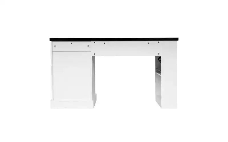 Bureau d'ordinateur moderne de 55 pouces avec meuble de rangement et tiroirs, prises de courant, panneau perforé, étagères intégrées et tablette de clavier, blanc