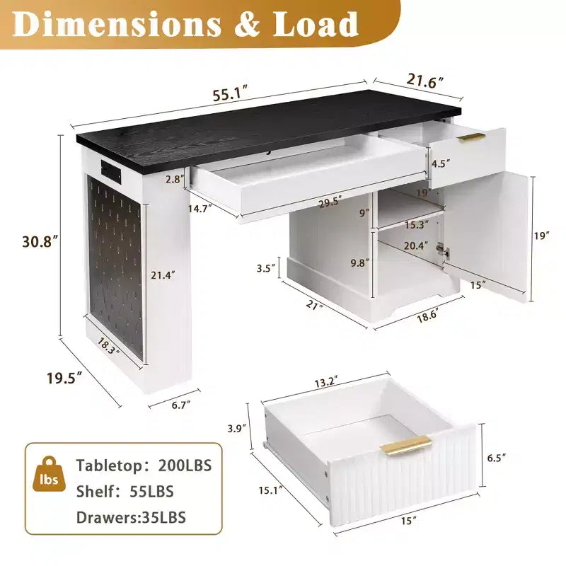 Bureau d'ordinateur moderne de 55 pouces avec meuble de rangement et tiroirs, prises de courant, panneau perforé, étagères intégrées et tablette de clavier, blanc