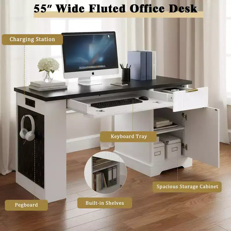 Bureau d'ordinateur moderne de 55 pouces avec meuble de rangement et tiroirs, prises de courant, panneau perforé, étagères intégrées et tablette de clavier, blanc