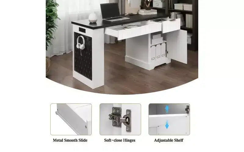 Bureau d'ordinateur moderne de 55 pouces avec meuble de rangement et tiroirs, prises de courant, panneau perforé, étagères intégrées et tablette de clavier, blanc
