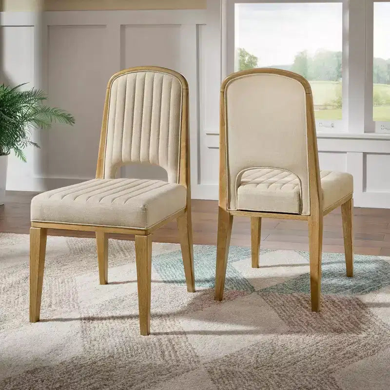 Chaise de salle à manger Fuske Wood Finish Cream Fabric avec piqûre verticale