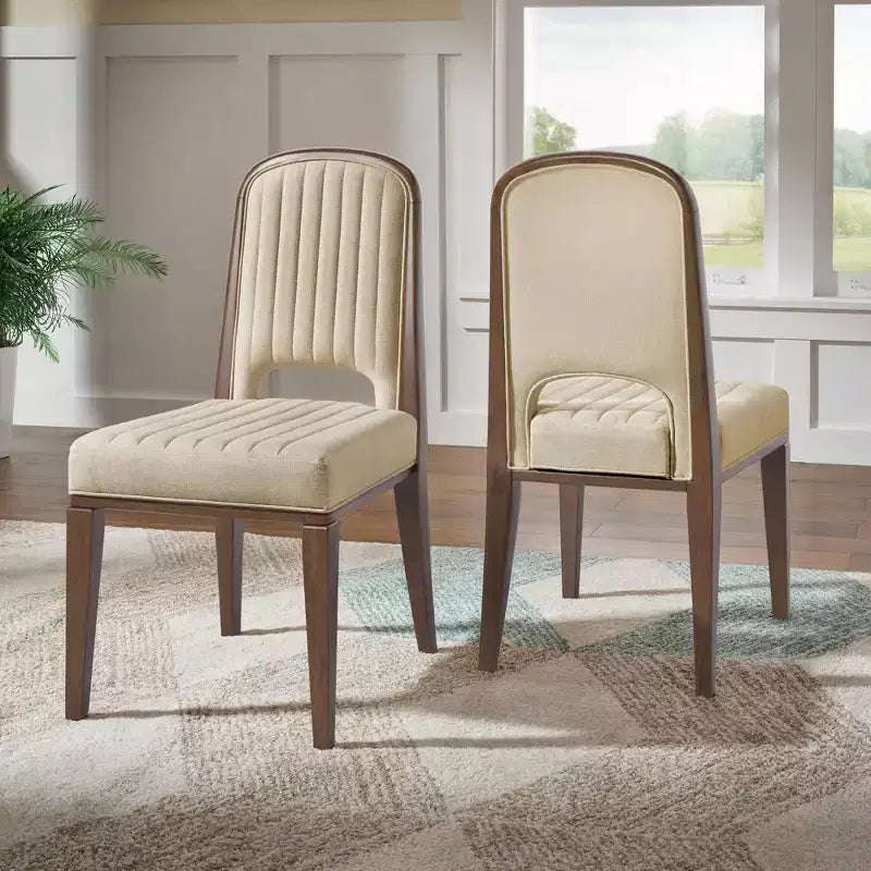 Chaise de salle à manger Fuske Wood Finish Cream Fabric avec piqûre verticale