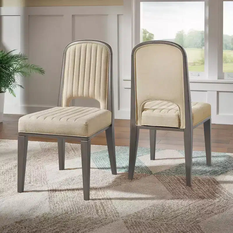 Chaise de salle à manger Fuske Wood Finish Cream Fabric avec piqûre verticale