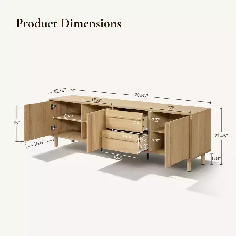 70.9 Meuble TV moderne pour téléviseurs jusqu'à 75 pouces, meuble console média avec tiroirs, chêne marron