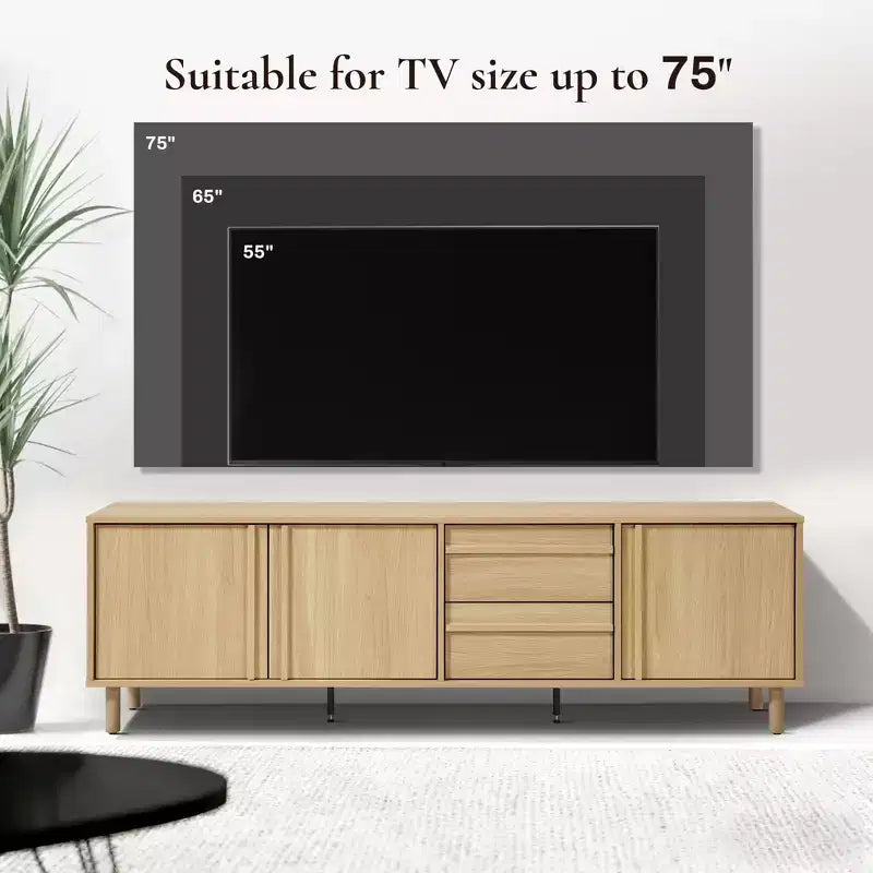 70.9 Meuble TV moderne pour téléviseurs jusqu'à 75 pouces, meuble console média avec tiroirs, chêne marron