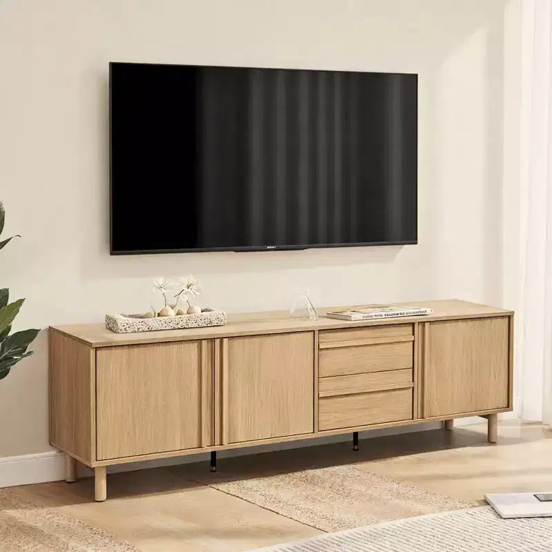 70.9 Meuble TV moderne pour téléviseurs jusqu'à 75 pouces, meuble console média avec tiroirs, chêne marron