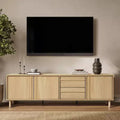 70.9 Meuble TV moderne pour téléviseurs jusqu'à 75 pouces, meuble console média avec tiroirs, chêne marron