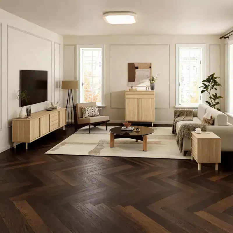 70.9 Meuble TV moderne pour téléviseurs jusqu'à 75 pouces, meuble console média avec tiroirs, chêne marron