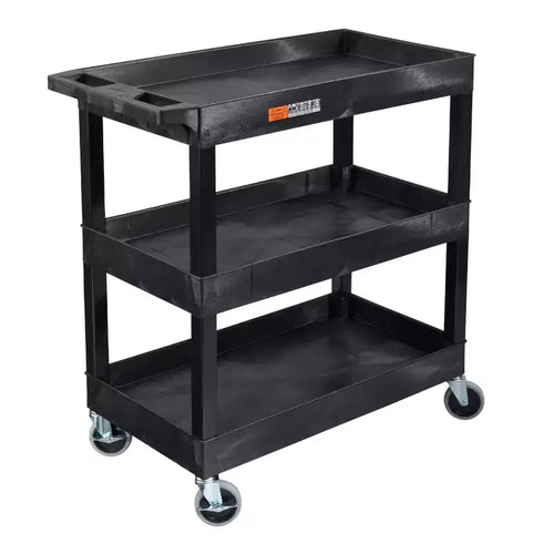 Stand Steady Tubstr 3 Shelf Utility Push Cart - Heavy-Duty Plastic Service Cart for Offices, Warehouse, Garage, and Kitchen (Black, 32 x 18)