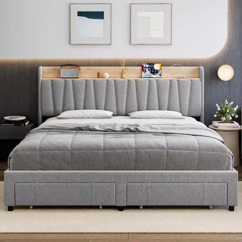 Cadre de lit rembourré King Size, lit plateforme avec tête de lit de rangement, tiroirs de rangement, robuste, pas besoin de sommier tapissier, facile à assembler, gris