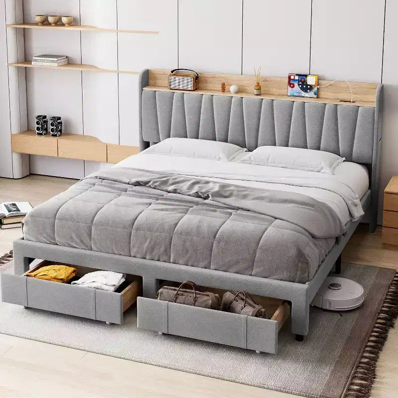 Cadre de lit rembourré King Size, lit plateforme avec tête de lit de rangement, tiroirs de rangement, robuste, pas besoin de sommier tapissier, facile à assembler, gris
