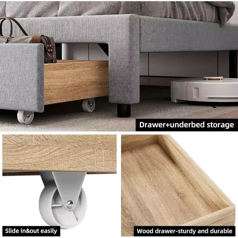Cadre de lit rembourré King Size, lit plateforme avec tête de lit de rangement, tiroirs de rangement, robuste, pas besoin de sommier tapissier, facile à assembler, gris