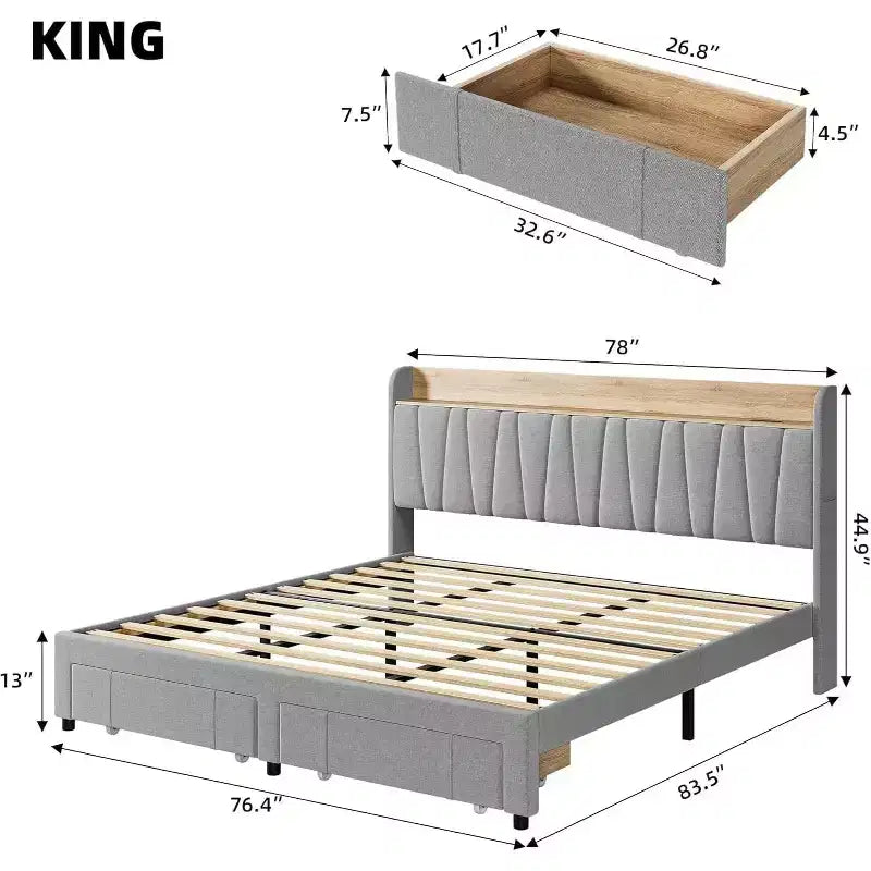 Cadre de lit rembourré King Size, lit plateforme avec tête de lit de rangement, tiroirs de rangement, robuste, pas besoin de sommier tapissier, facile à assembler, gris