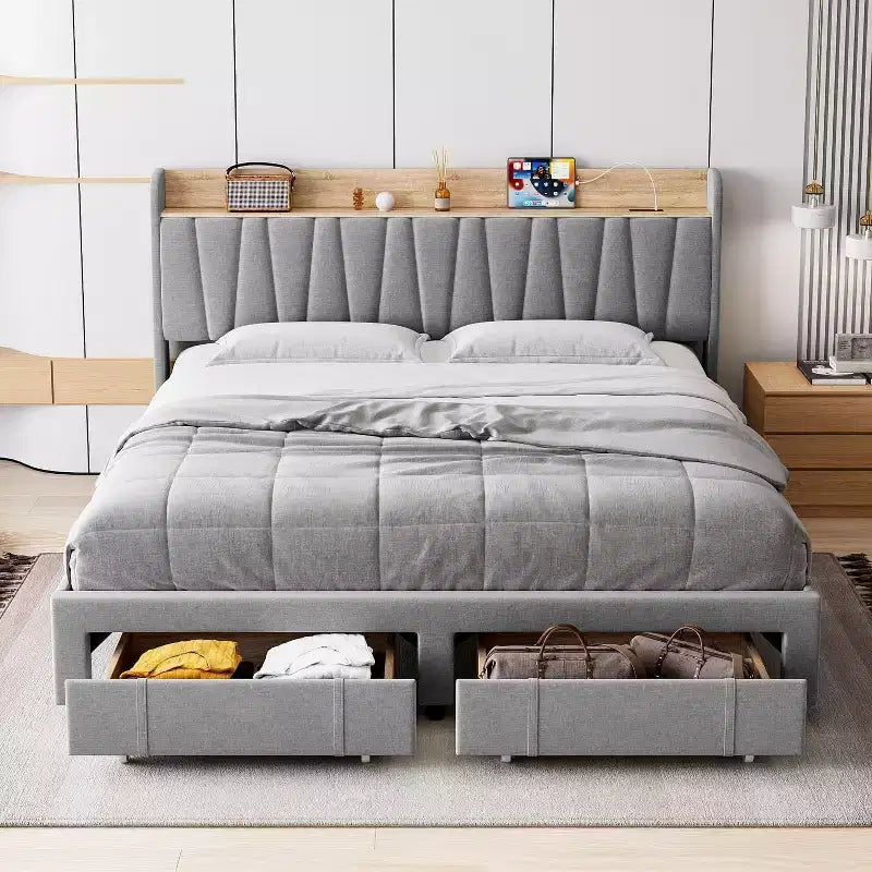 Cadre de lit rembourré King Size, lit plateforme avec tête de lit de rangement, tiroirs de rangement, robuste, pas besoin de sommier tapissier, facile à assembler, gris
