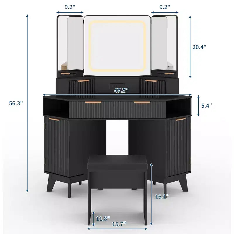 Coiffeuse d'angle avec lumières, 120 cm, en bois, avec miroir triptyque et plateau en verre, ensemble de coiffeuse avec tabouret pour chambre.