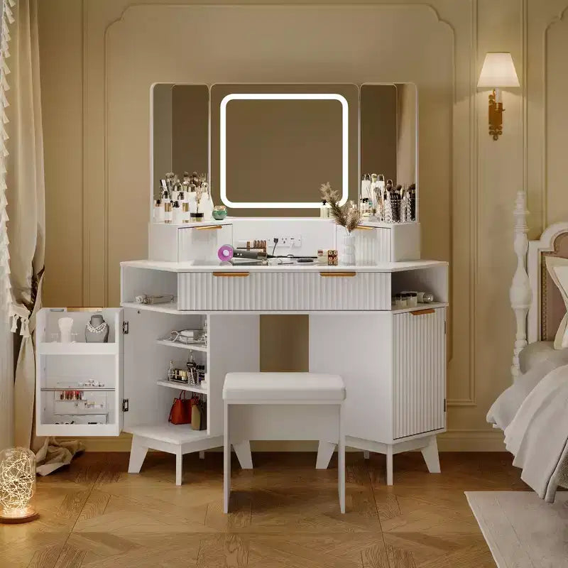 Coiffeuse d'angle avec lumières, 120 cm, en bois, avec miroir triptyque et plateau en verre, ensemble de coiffeuse avec tabouret pour chambre.