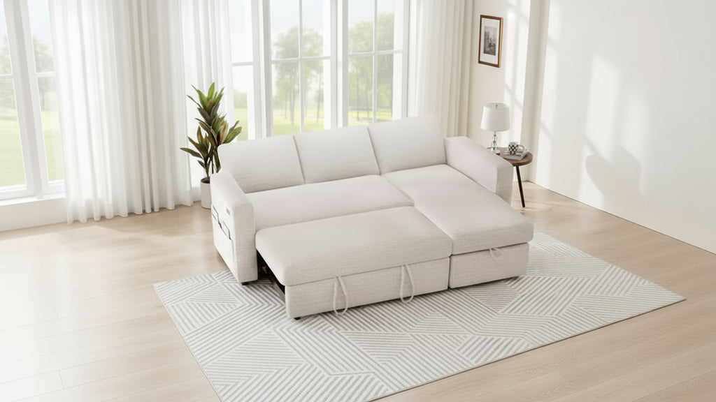 Dyonery 2 in 1 Pull Out Sleeper Sofa with Storage Chaise C Chenille Sectional Couch with USB Ports for Living Room