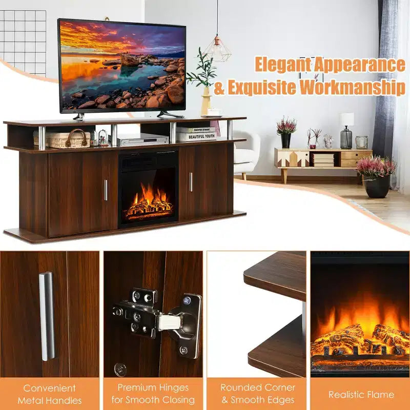 Meuble TV cheminée 63 po avec cheminée électrique 18 po 1 500 W jusqu'à 70 po Noyer