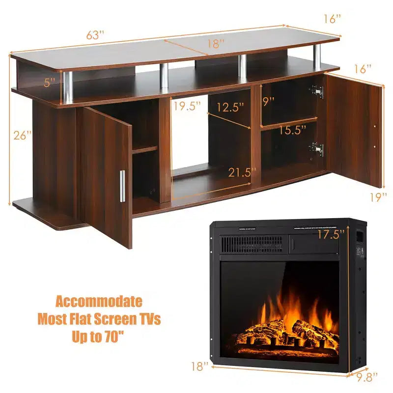 Meuble TV cheminée 63 po avec cheminée électrique 18 po 1 500 W jusqu'à 70 po Noyer