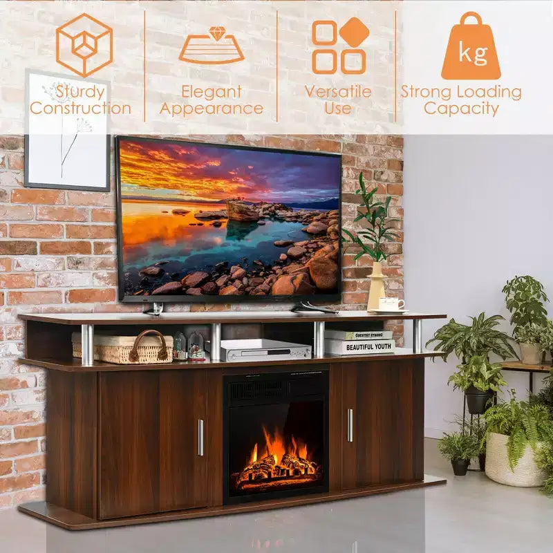 Meuble TV cheminée 63 po avec cheminée électrique 18 po 1 500 W jusqu'à 70 po Noyer