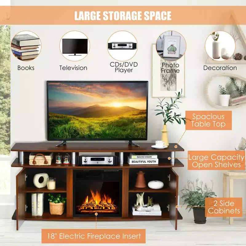 Meuble TV cheminée 63 po avec cheminée électrique 18 po 1 500 W jusqu'à 70 po Noyer