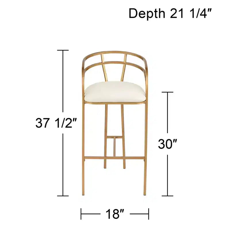 Tabouret de bar Tanner en métal doré, hauteur 76 cm, avec coussin rembourré en tissu blanc moderne, dossier bas et repose-pieds, idéal pour îlot de cuisine de hauteur standard.
