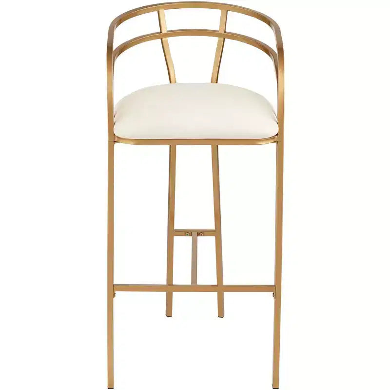 Tabouret de bar Tanner en métal doré, hauteur 76 cm, avec coussin rembourré en tissu blanc moderne, dossier bas et repose-pieds, idéal pour îlot de cuisine de hauteur standard.