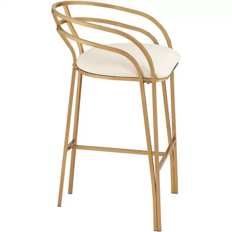Tabouret de bar Tanner en métal doré, hauteur 76 cm, avec coussin rembourré en tissu blanc moderne, dossier bas et repose-pieds, idéal pour îlot de cuisine de hauteur standard.