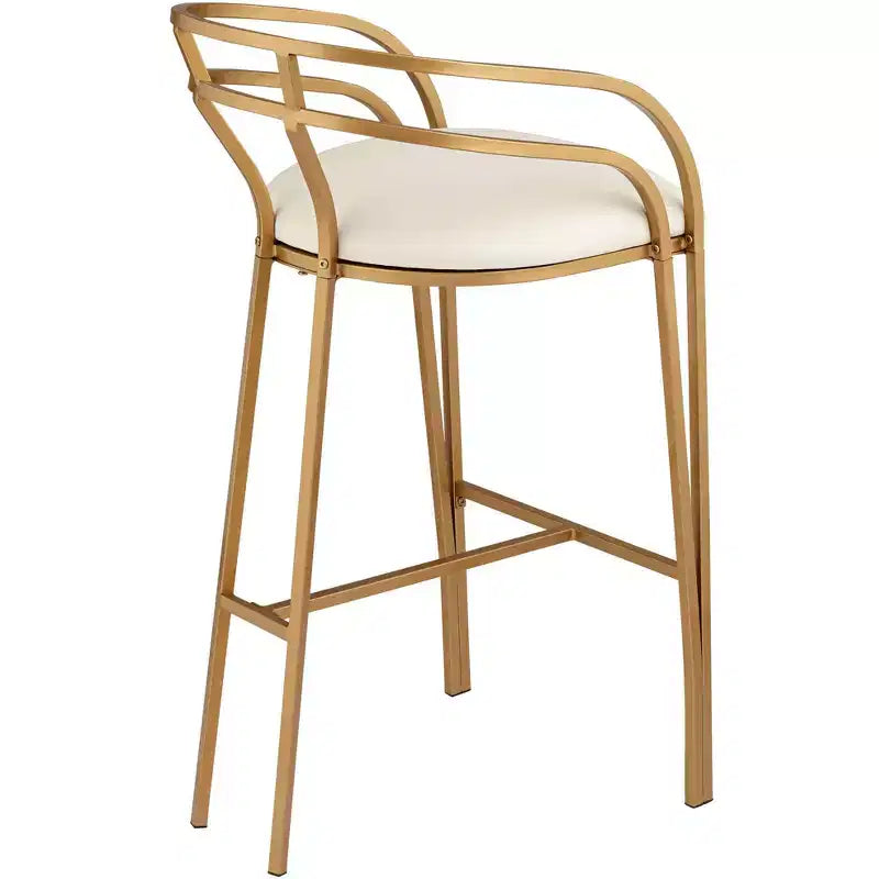 Tabouret de bar Tanner en métal doré, hauteur 76 cm, avec coussin rembourré en tissu blanc moderne, dossier bas et repose-pieds, idéal pour îlot de cuisine de hauteur standard.